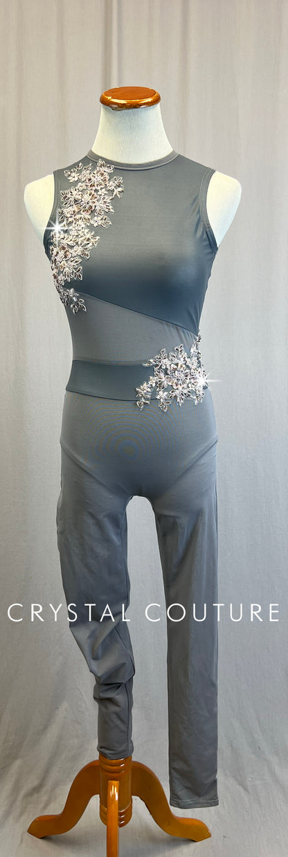 *Custom* Gray Mesh and Lycra Sleeveless Unitard with Beaded Appliques