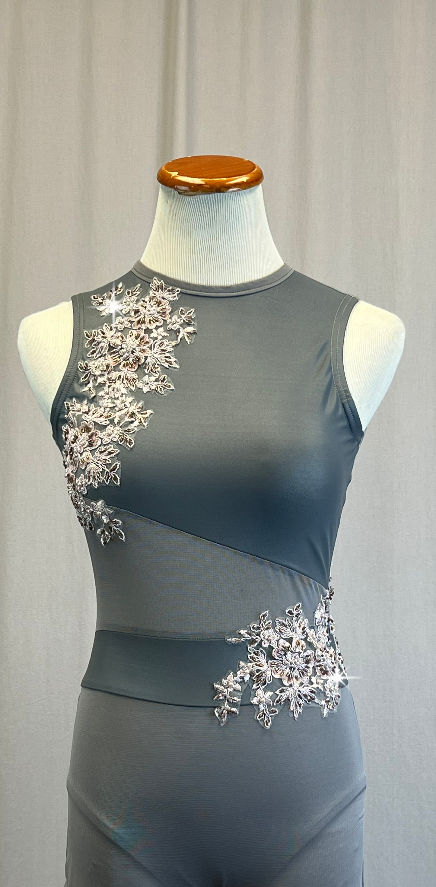 *Custom* Gray Mesh and Lycra Sleeveless Unitard with Beaded Appliques