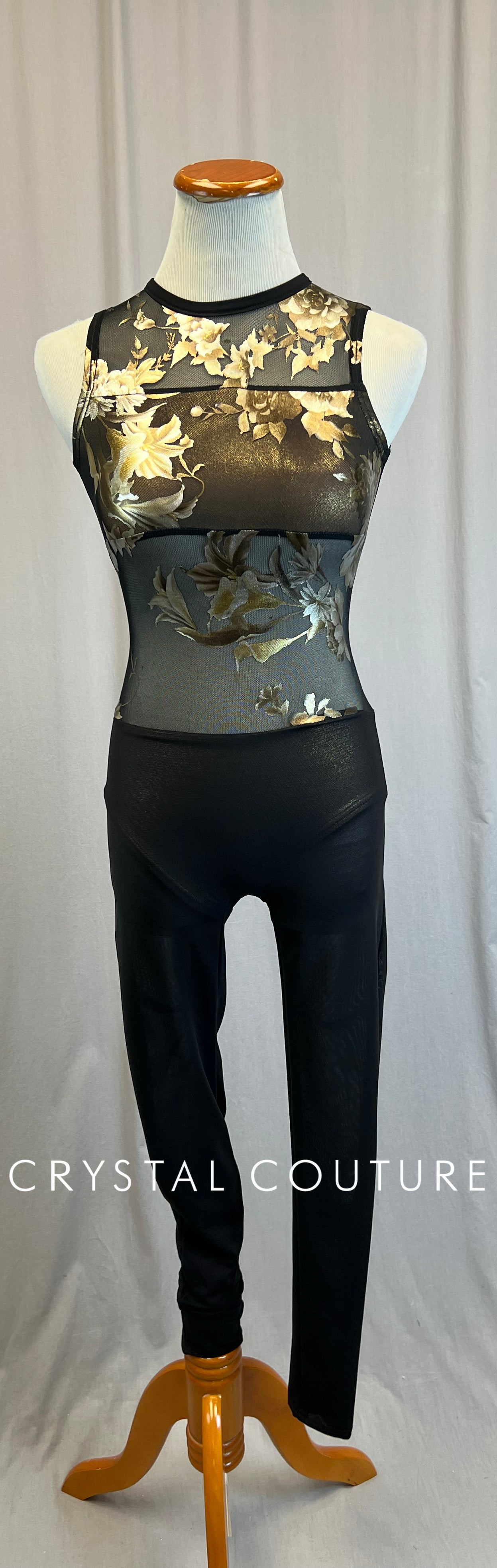 *Custom* Black and Gold Floral Patterned Mesh Legging Unitard