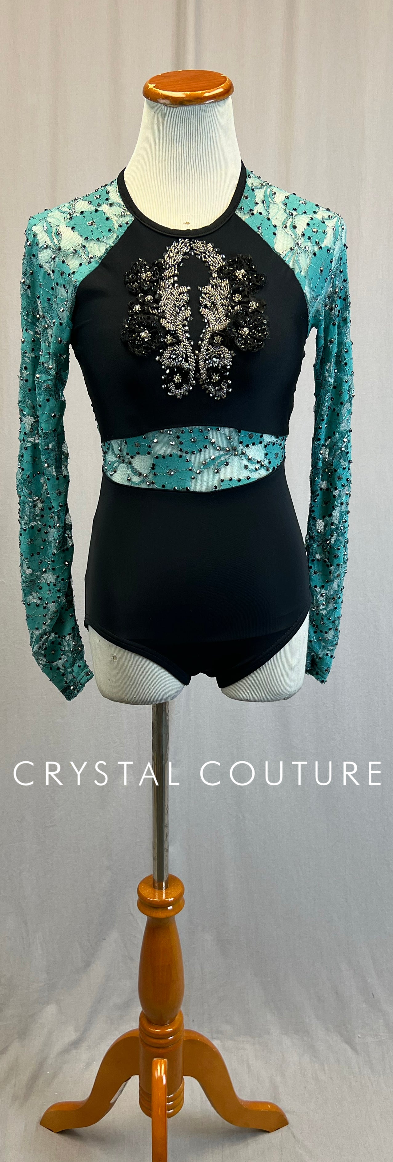*Custom* Teal and Black Lace Long Sleeve Leotard with Appliques - Rhinestones