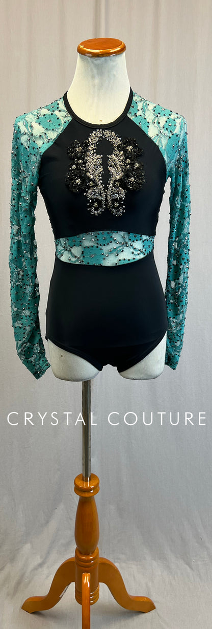 *Custom* Teal and Black Lace Long Sleeve Leotard with Appliques - Rhinestones