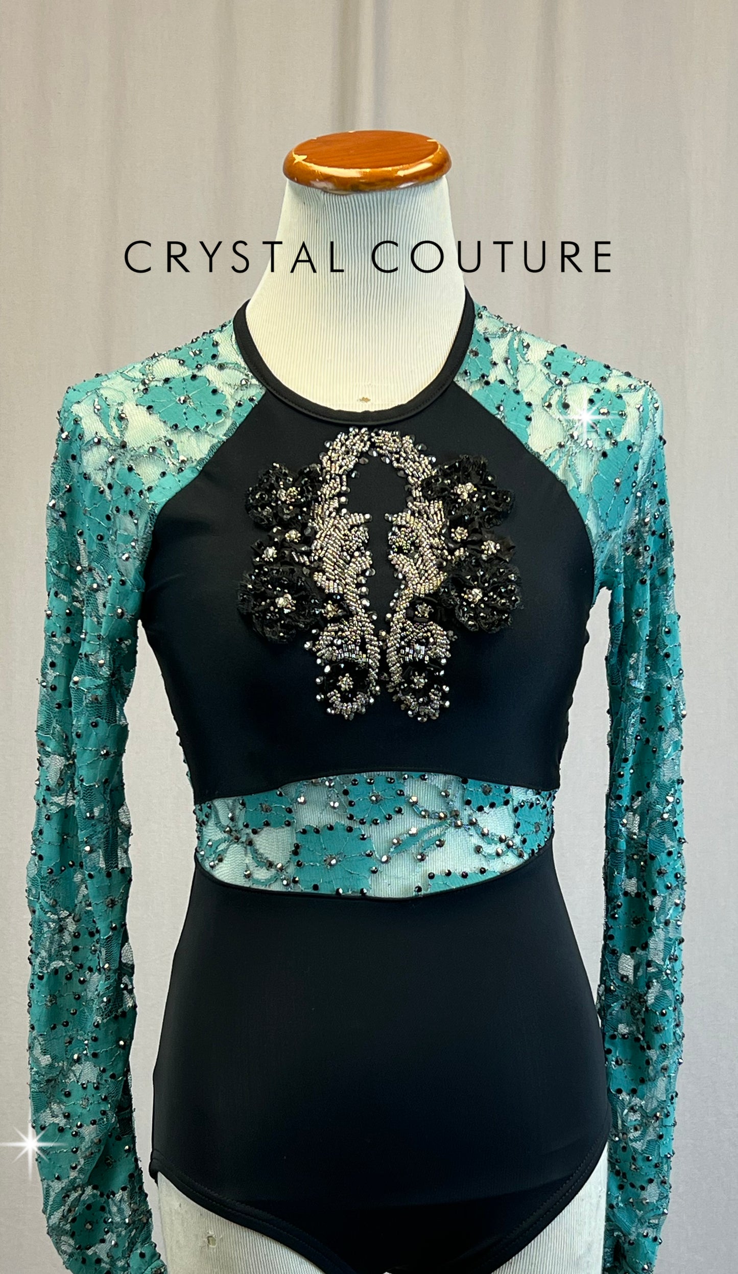 *Custom* Teal and Black Lace Long Sleeve Leotard with Appliques - Rhinestones