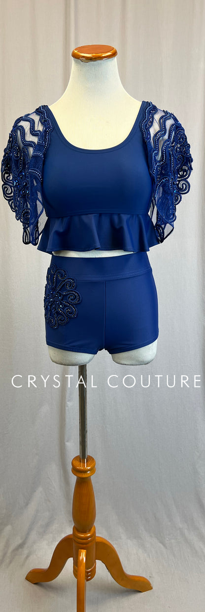 *Custom* Navy Blue Beaded Flutter Sleeve Top and Short Two-Piece Set