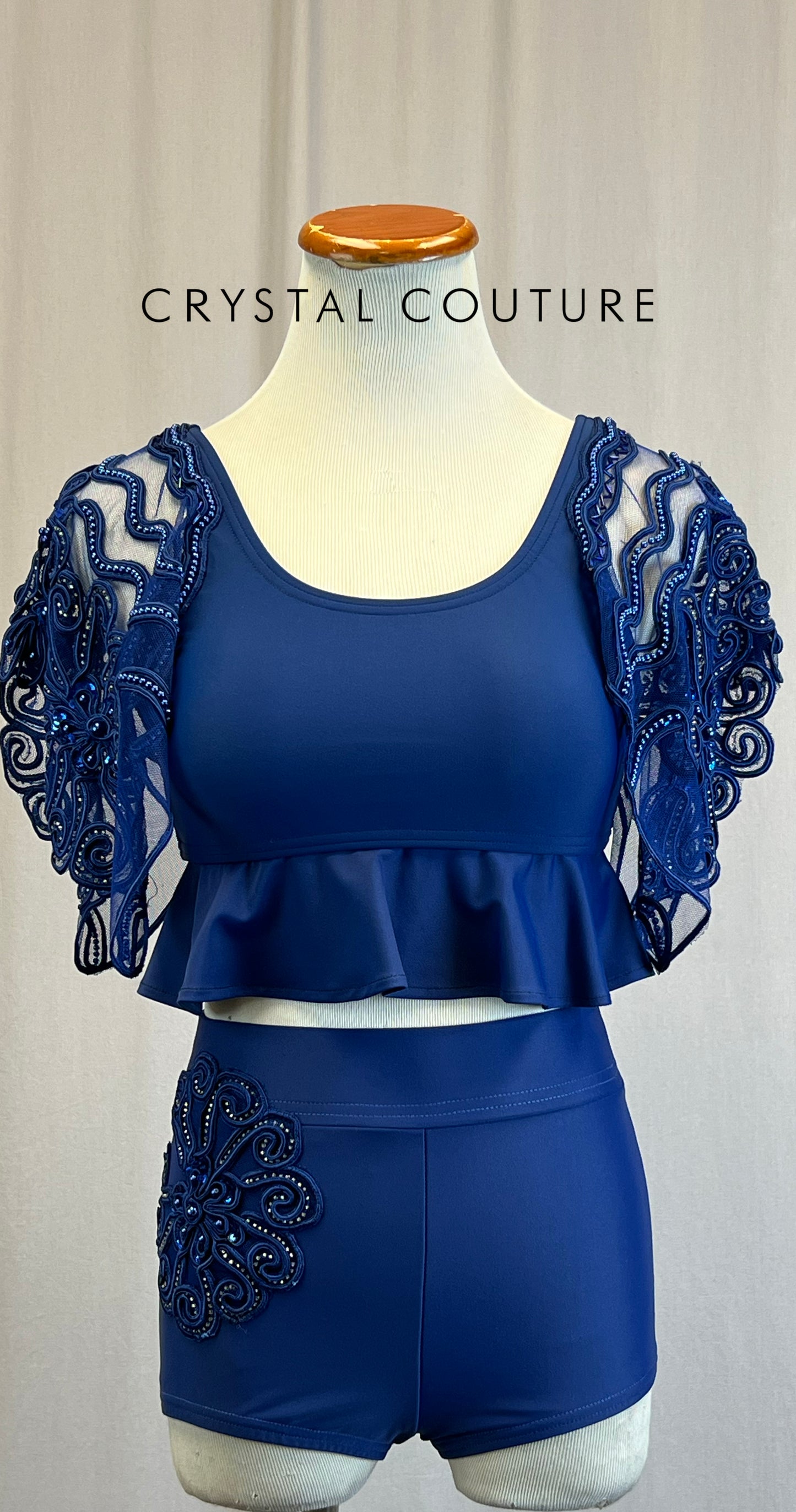 *Custom* Navy Blue Beaded Flutter Sleeve Top and Short Two-Piece Set