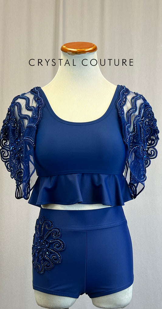 *Custom* Navy Blue Beaded Flutter Sleeve Top and Short Two-Piece Set