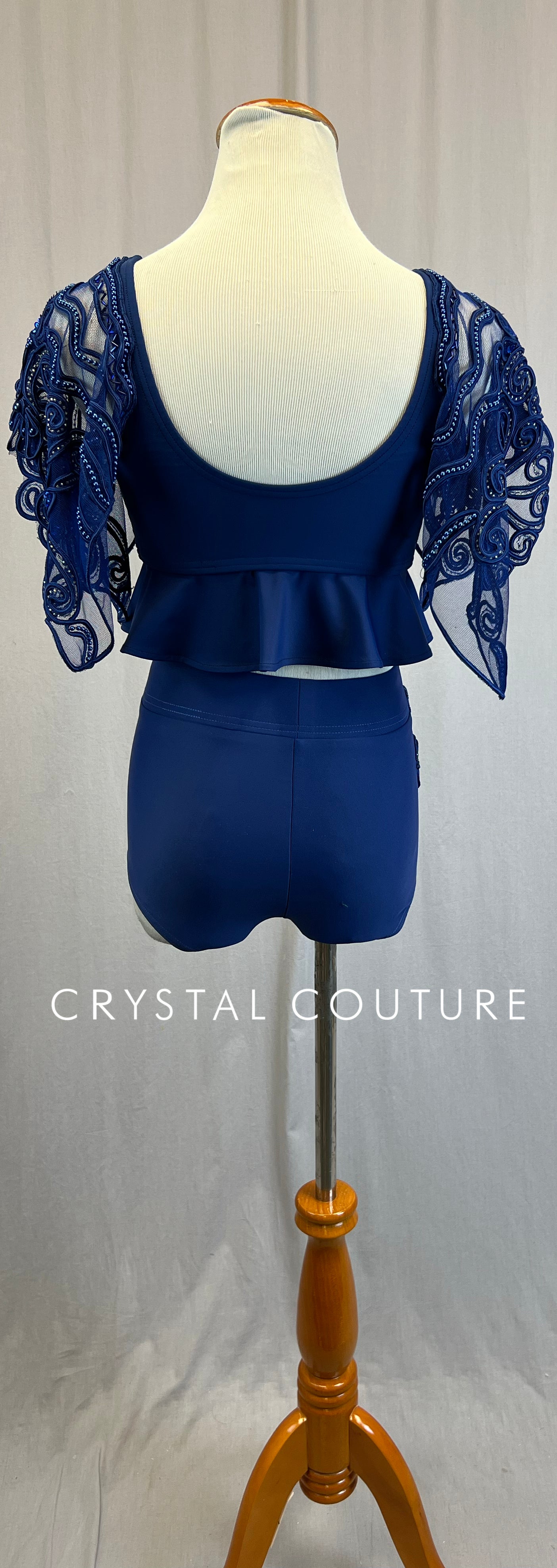 *Custom* Navy Blue Beaded Flutter Sleeve Top and Short Two-Piece Set