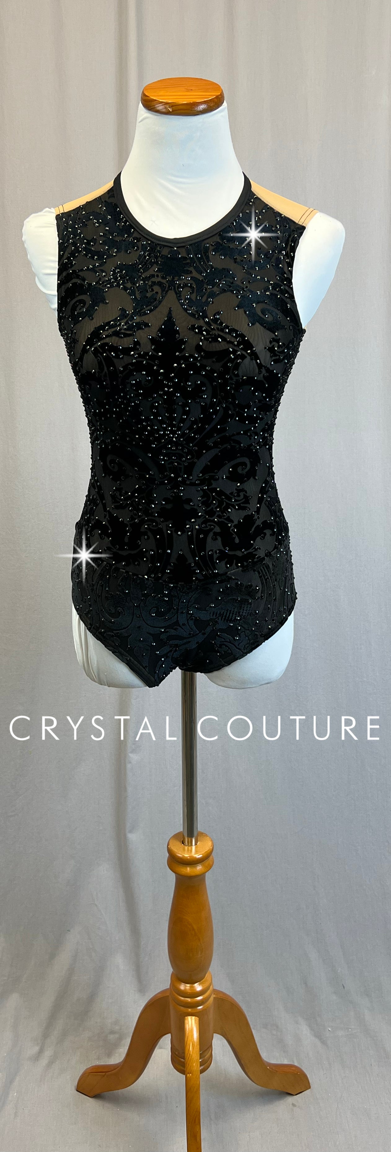 *Custom* Black Ornate Velvet Leotard with a Mesh Back - Rhinestones