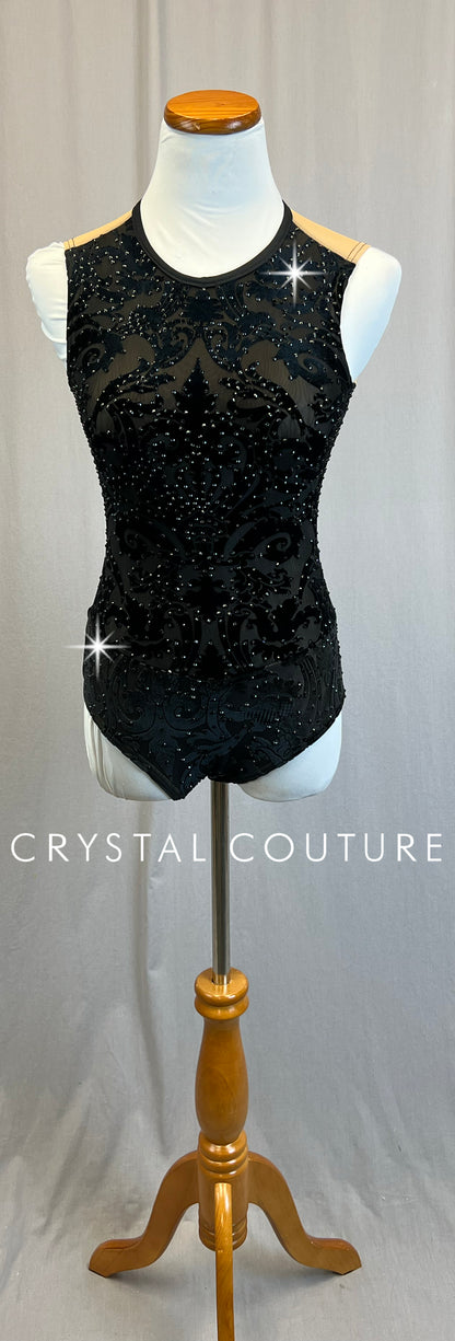 *Custom* Black Ornate Velvet Leotard with a Mesh Back - Rhinestones