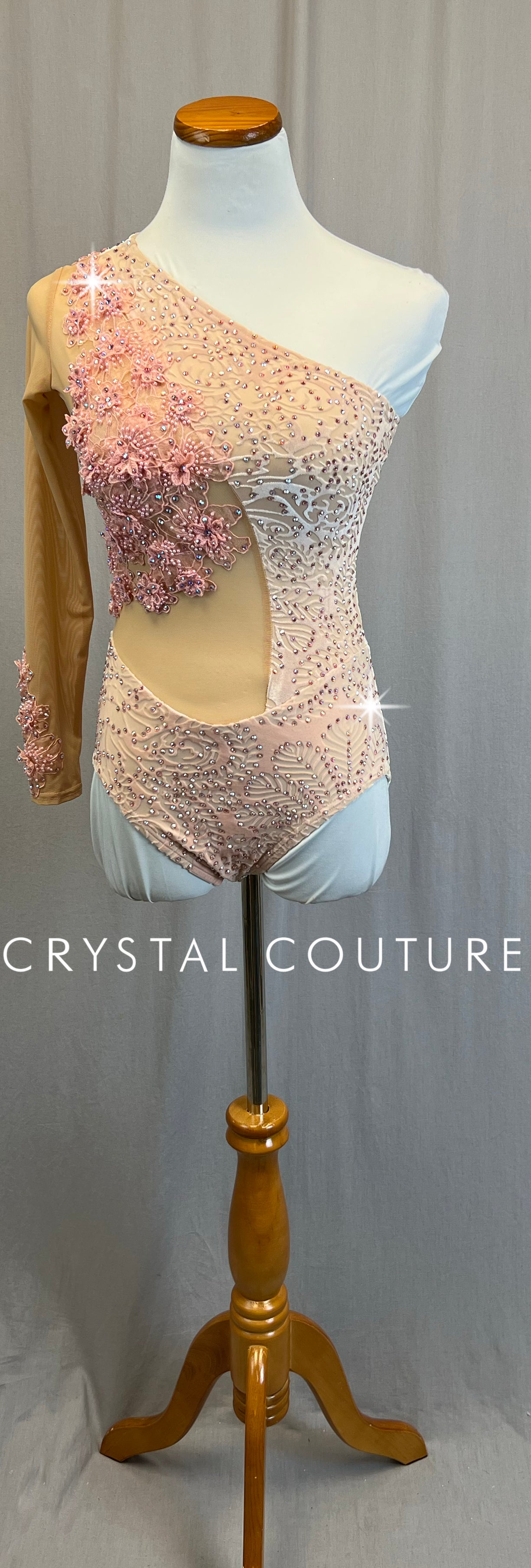 *Custom* Light Pink Velvet and Mesh One Sleeve Leotard with Appliques - Rhinestones