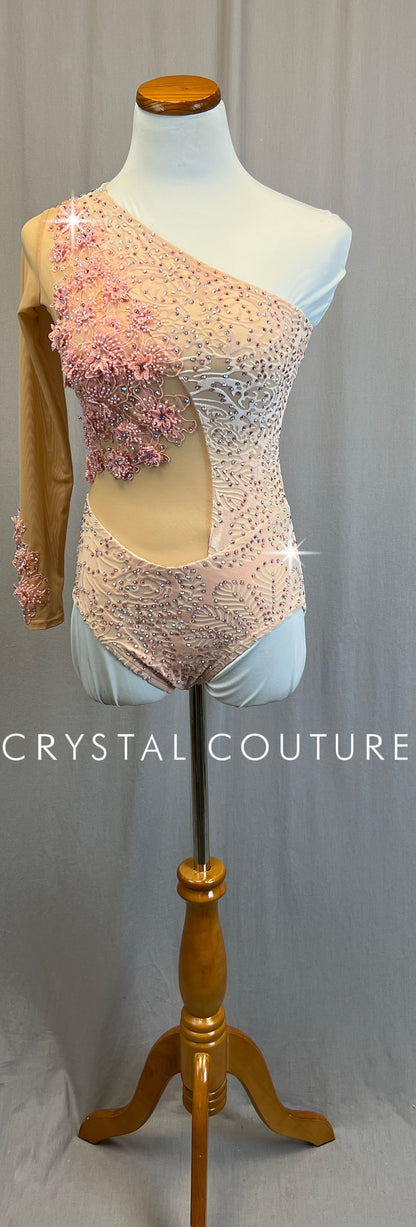 *Custom* Light Pink Velvet and Mesh One Sleeve Leotard with Appliques - Rhinestones