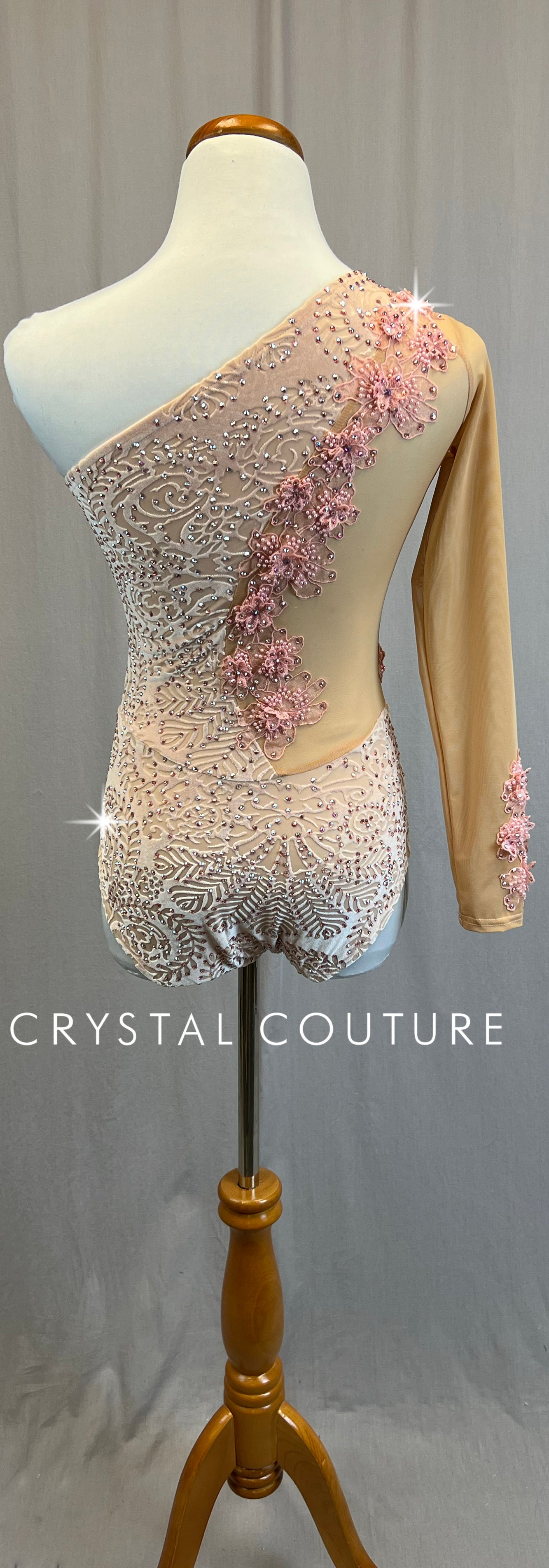 *Custom* Light Pink Velvet and Mesh One Sleeve Leotard with Appliques - Rhinestones