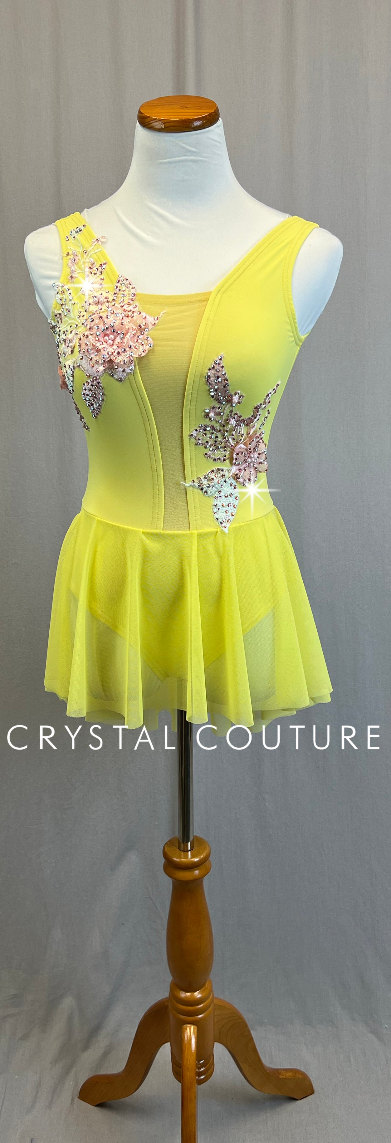 *Custom* Sunny Yellow Leotard with Mesh Skirt and Pink Appliques-Rhinestones