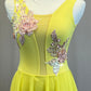 *Custom* Sunny Yellow Leotard with Mesh Skirt and Pink Appliques-Rhinestones