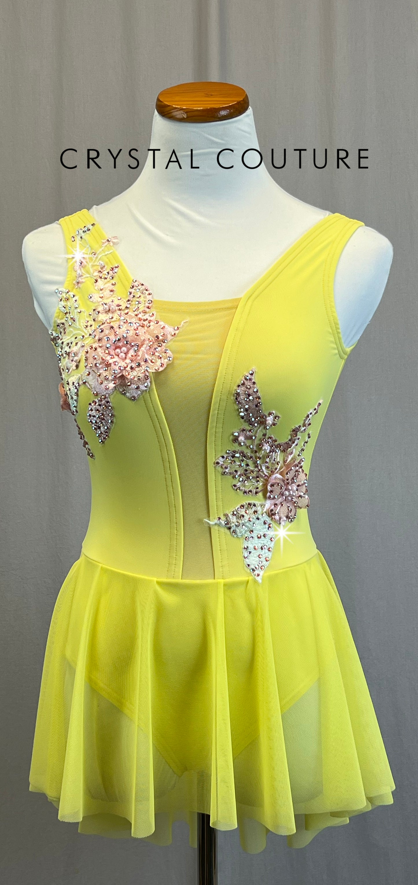 *Custom* Sunny Yellow Leotard with Mesh Skirt and Pink Appliques-Rhinestones