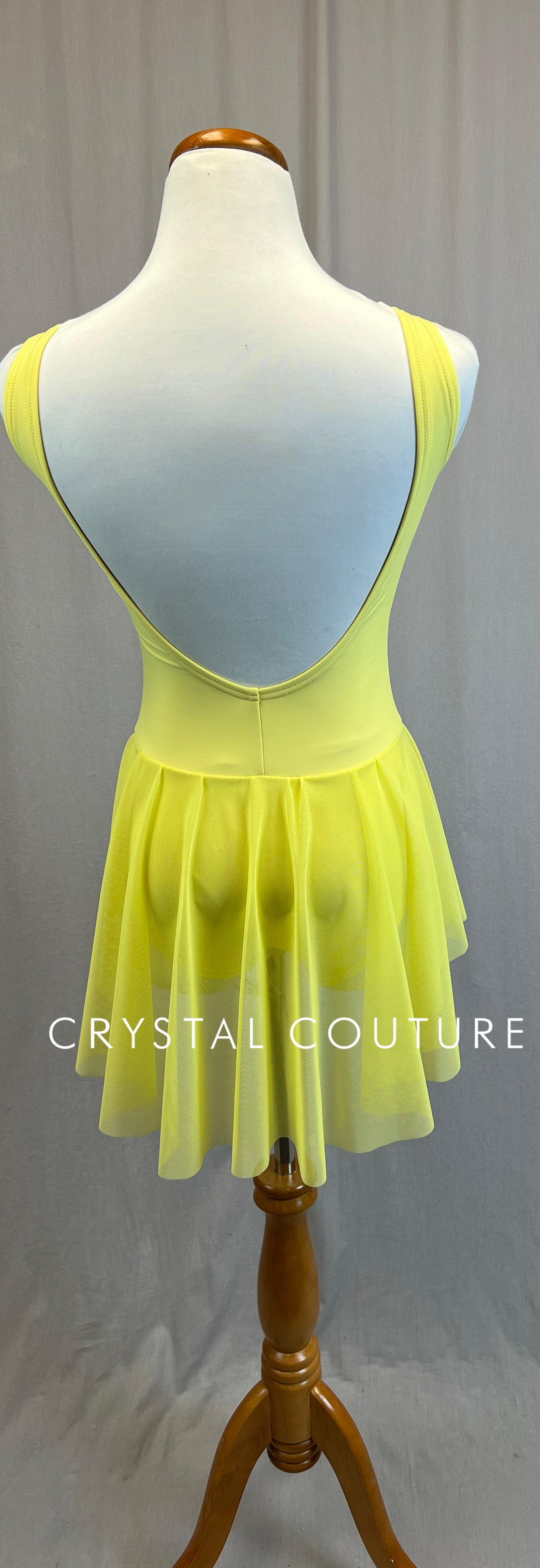 *Custom* Sunny Yellow Leotard with Mesh Skirt and Pink Appliques-Rhinestones