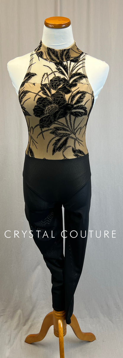 *Custom* Tan and Black Floral Embroidered Mesh Unitard