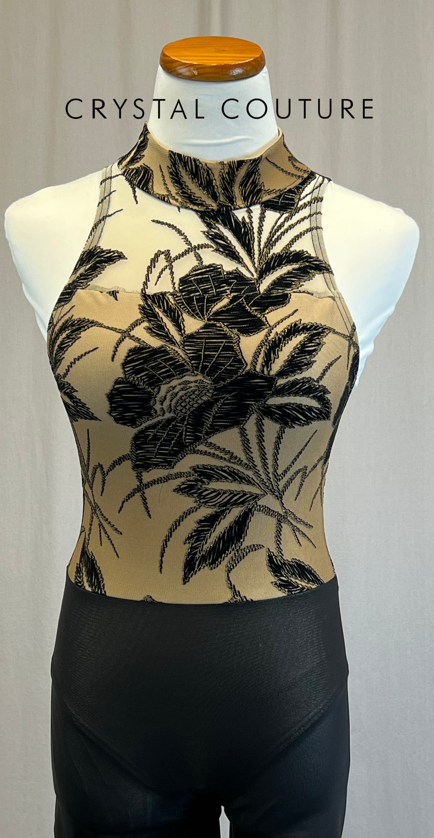 *Custom* Tan and Black Floral Embroidered Mesh Unitard