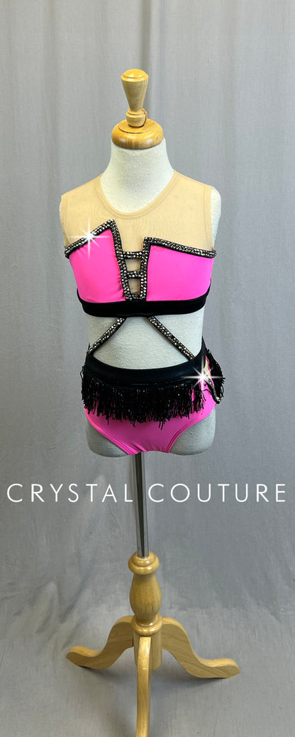 Custom Neon Pink and Black Strappy Leotard with Fringe- Rhinestones