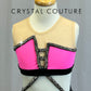 Custom Neon Pink and Black Strappy Leotard with Fringe- Rhinestones