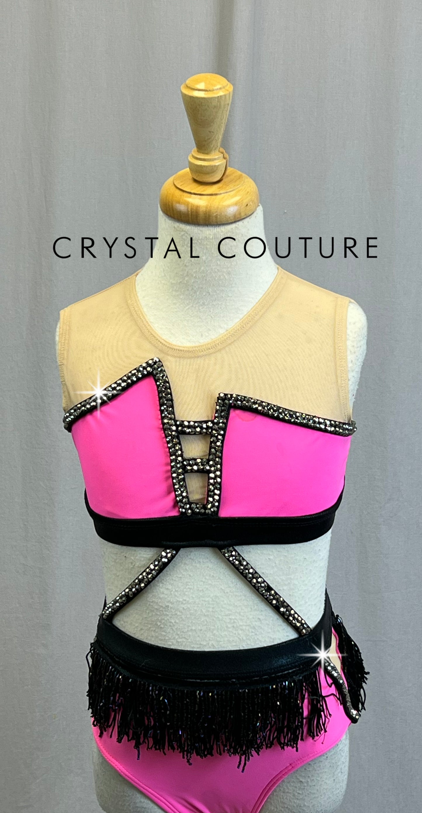 Custom Neon Pink and Black Strappy Leotard with Fringe- Rhinestones