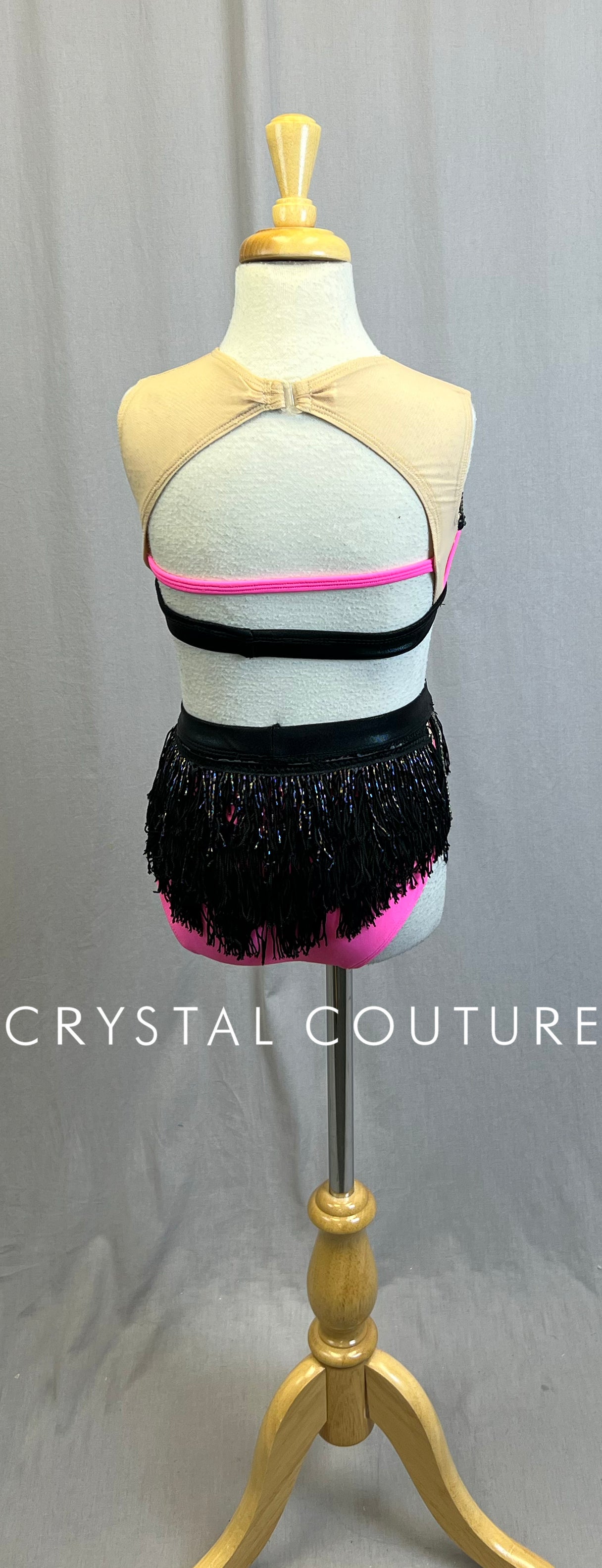 Custom Neon Pink and Black Strappy Leotard with Fringe- Rhinestones