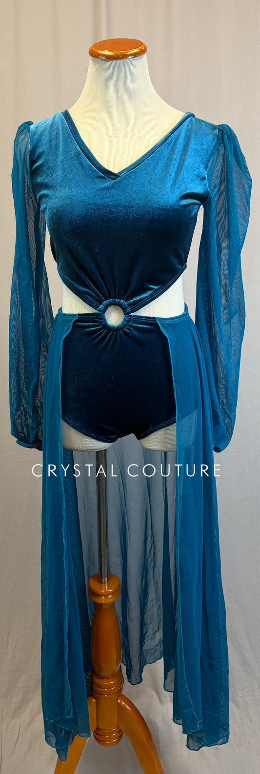 Teal Velvet and Mesh Puff Sleeve Leotard with Skirt