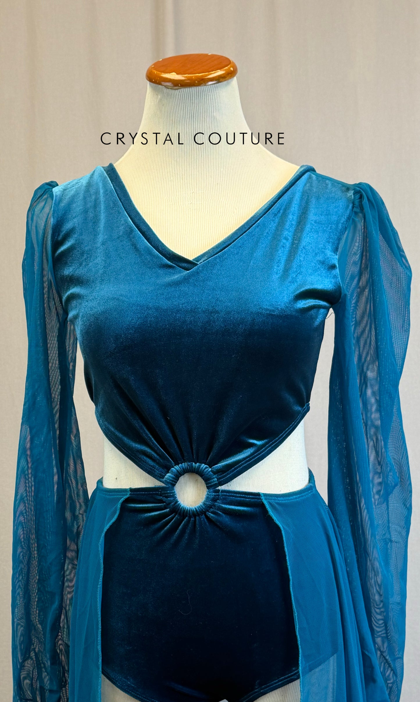Teal Velvet and Mesh Puff Sleeve Leotard with Skirt