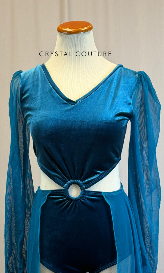 Teal Velvet and Mesh Puff Sleeve Leotard with Skirt