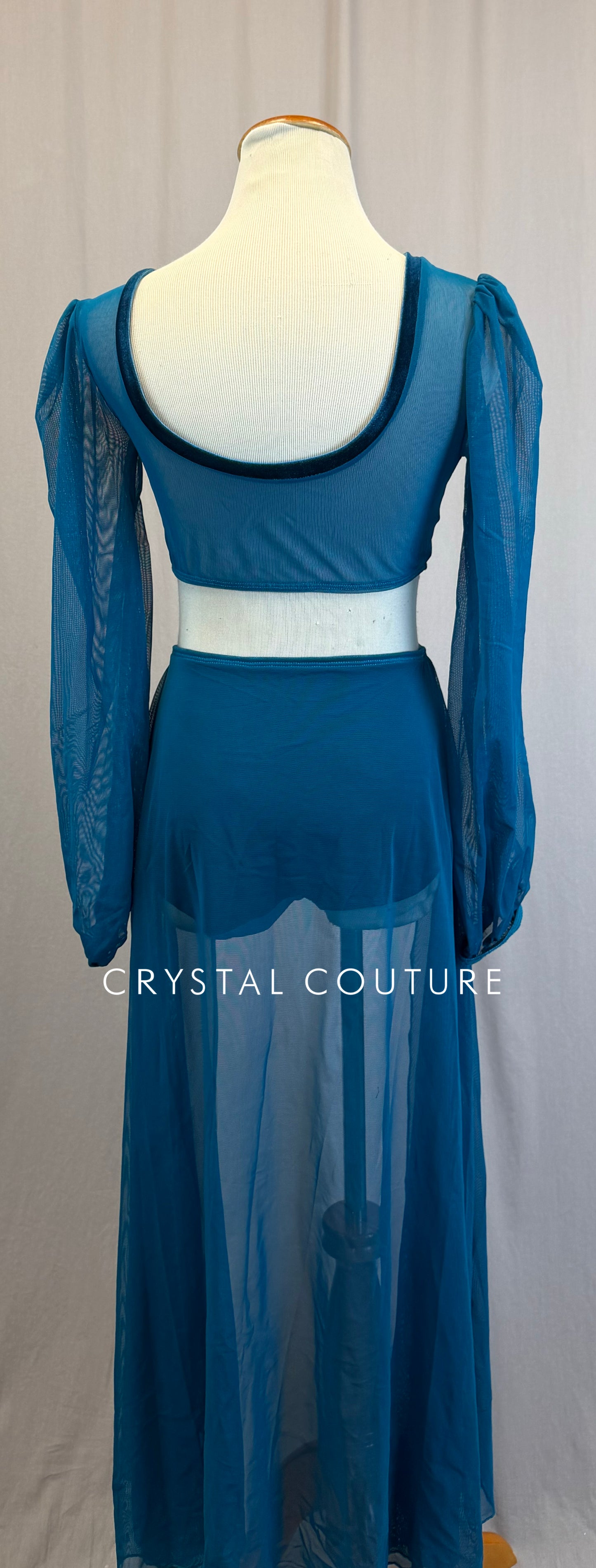 Teal Velvet and Mesh Puff Sleeve Leotard with Skirt