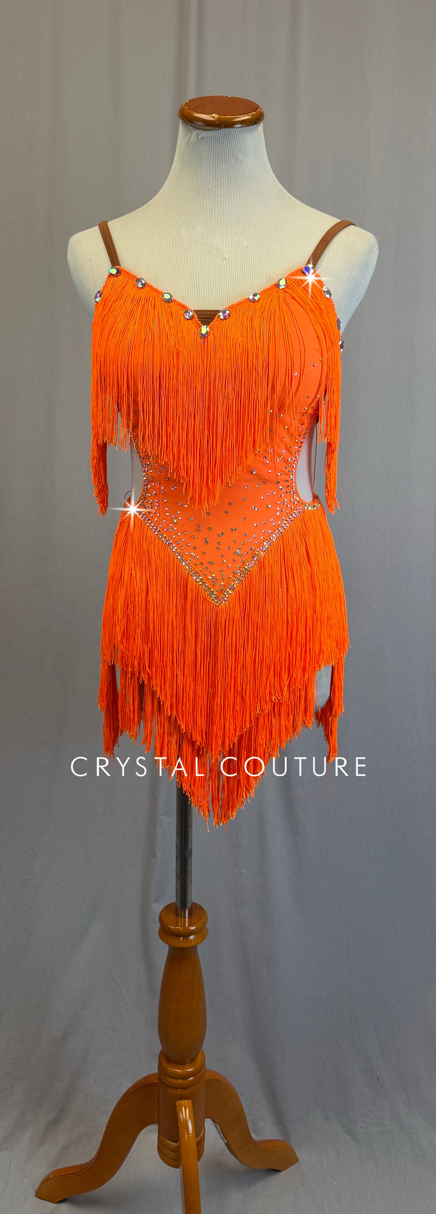 Neon Orange Fringe Ballroom Leotard -Rhinestones
