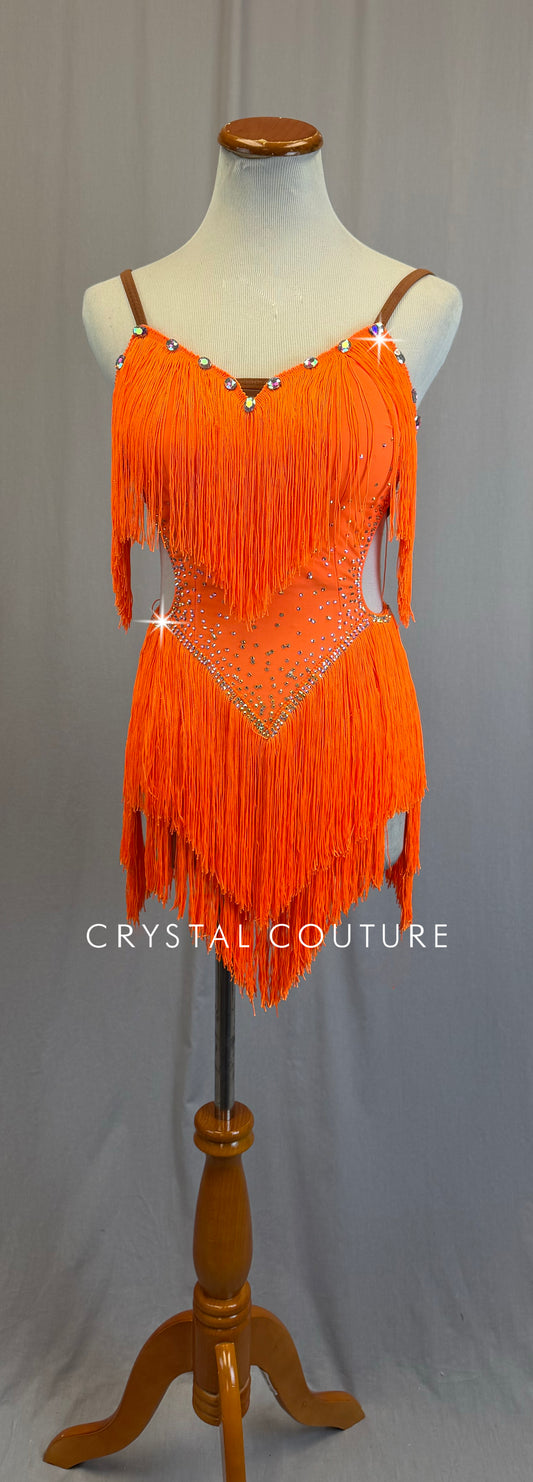 Neon Orange Fringe Ballroom Leotard -Rhinestones