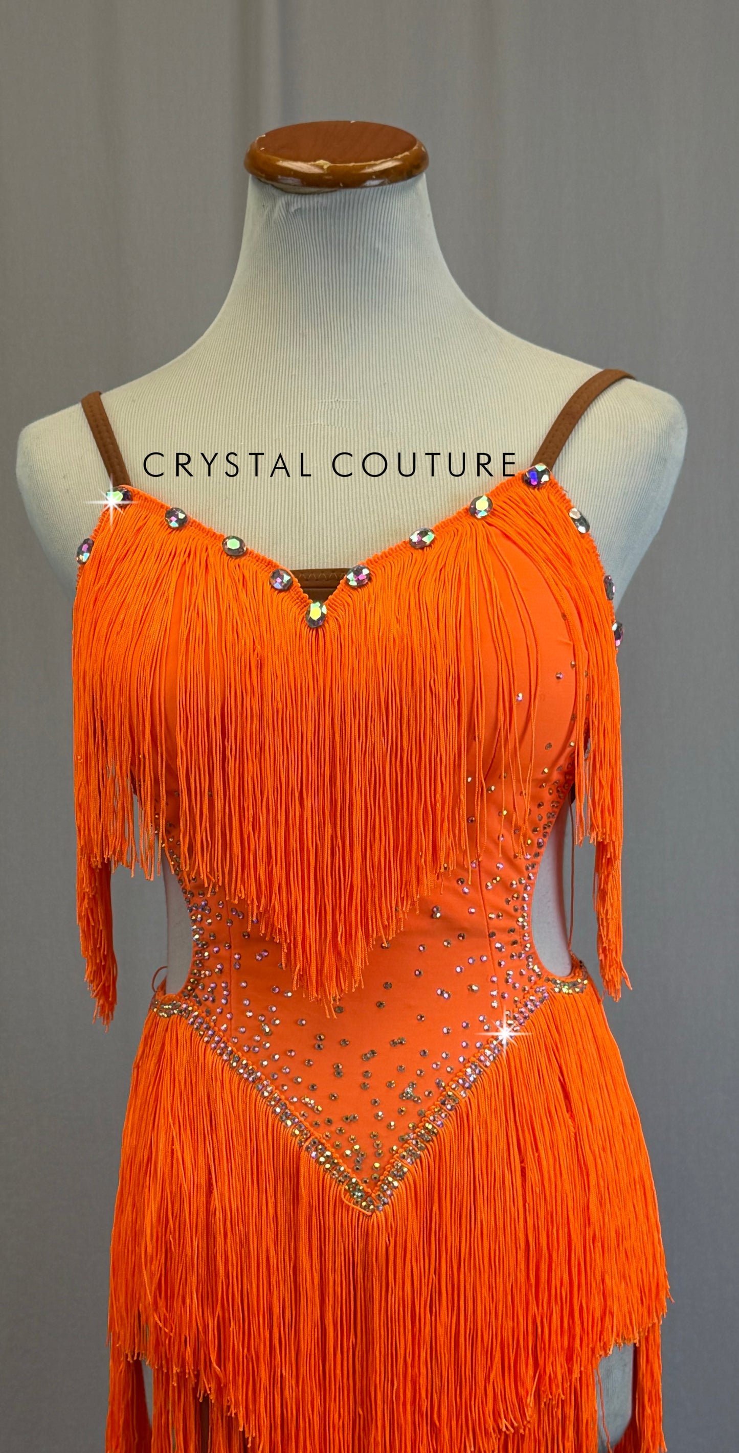 Neon Orange Fringe Ballroom Leotard -Rhinestones