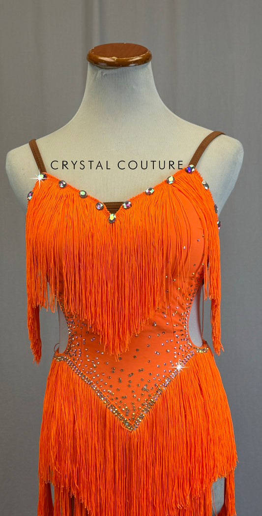 Neon Orange Fringe Ballroom Leotard -Rhinestones
