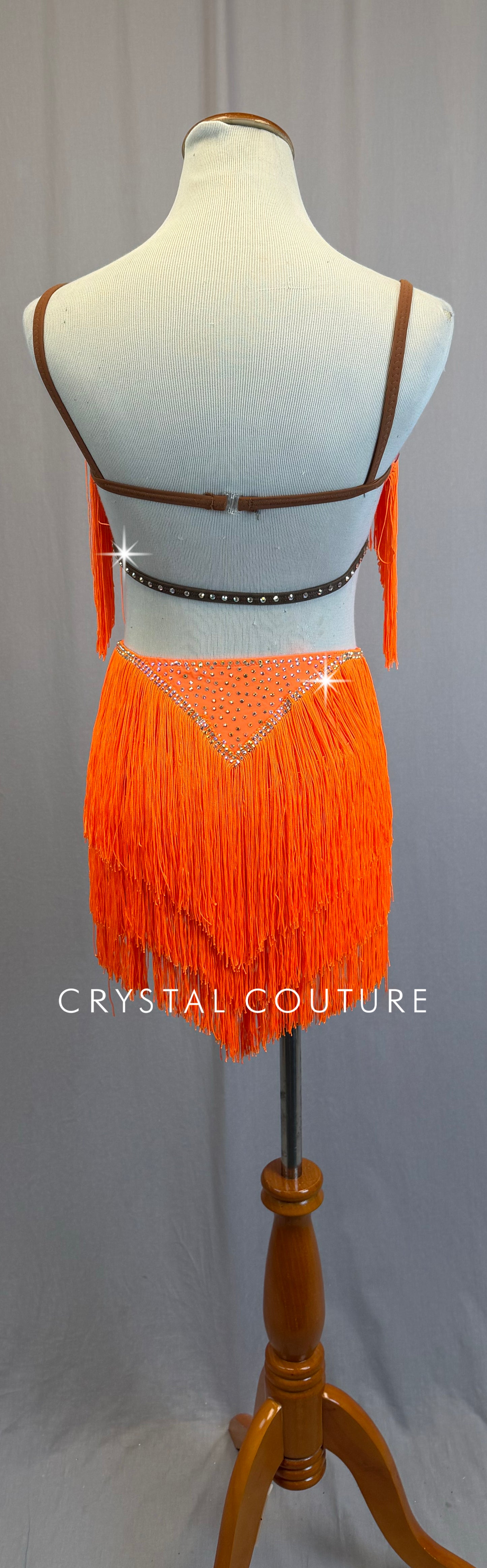 Neon Orange Fringe Ballroom Leotard -Rhinestones