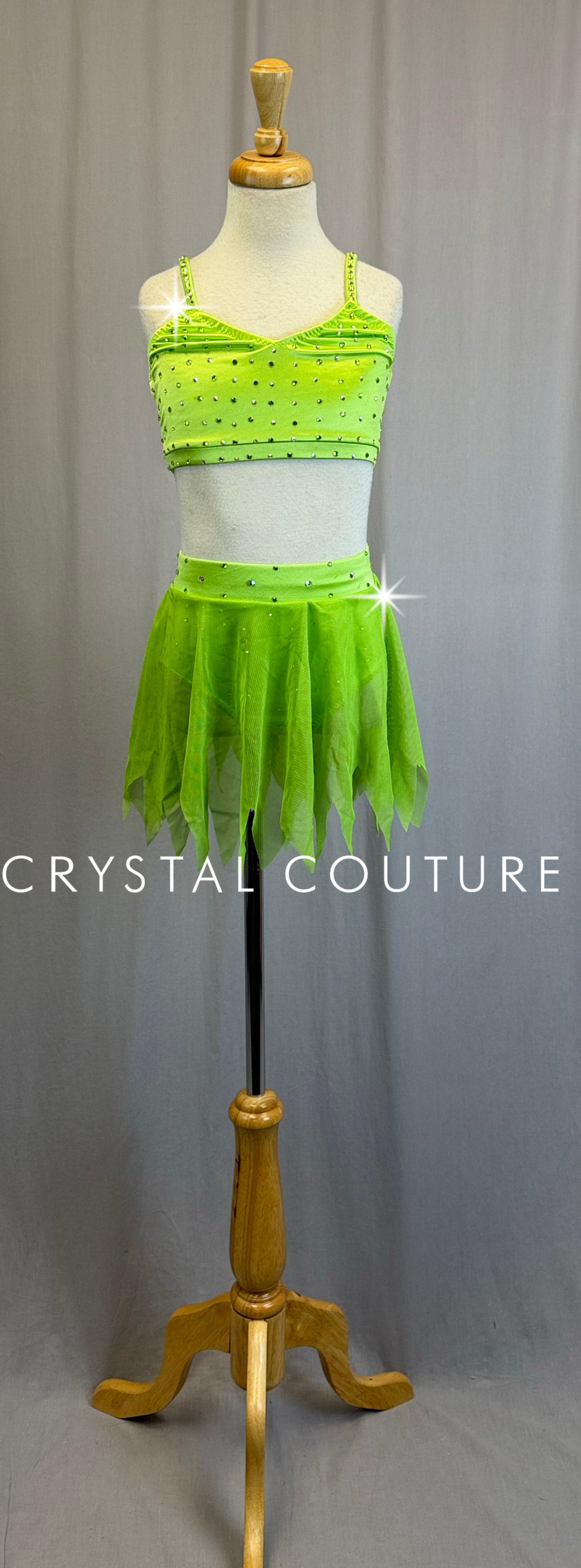*Custom* Green Satin *Fairy/Tinkerbell* inspired Two-Piece Set-Rhinestones