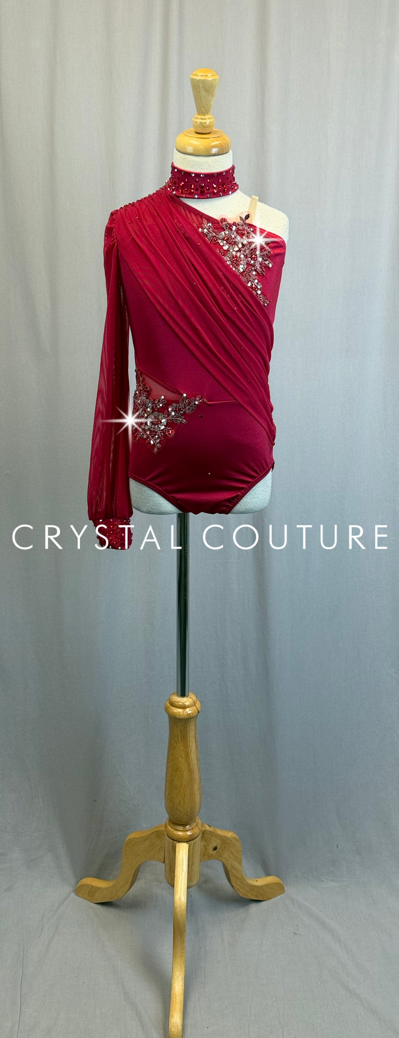 *Brand New* Red Asymmetrical Mesh Sleeve Leotard with Appliques - Rhinestones