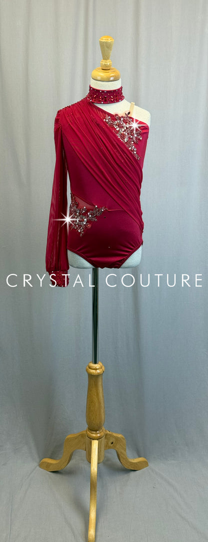 *Brand New* Red Asymmetrical Mesh Sleeve Leotard with Appliques - Rhinestones