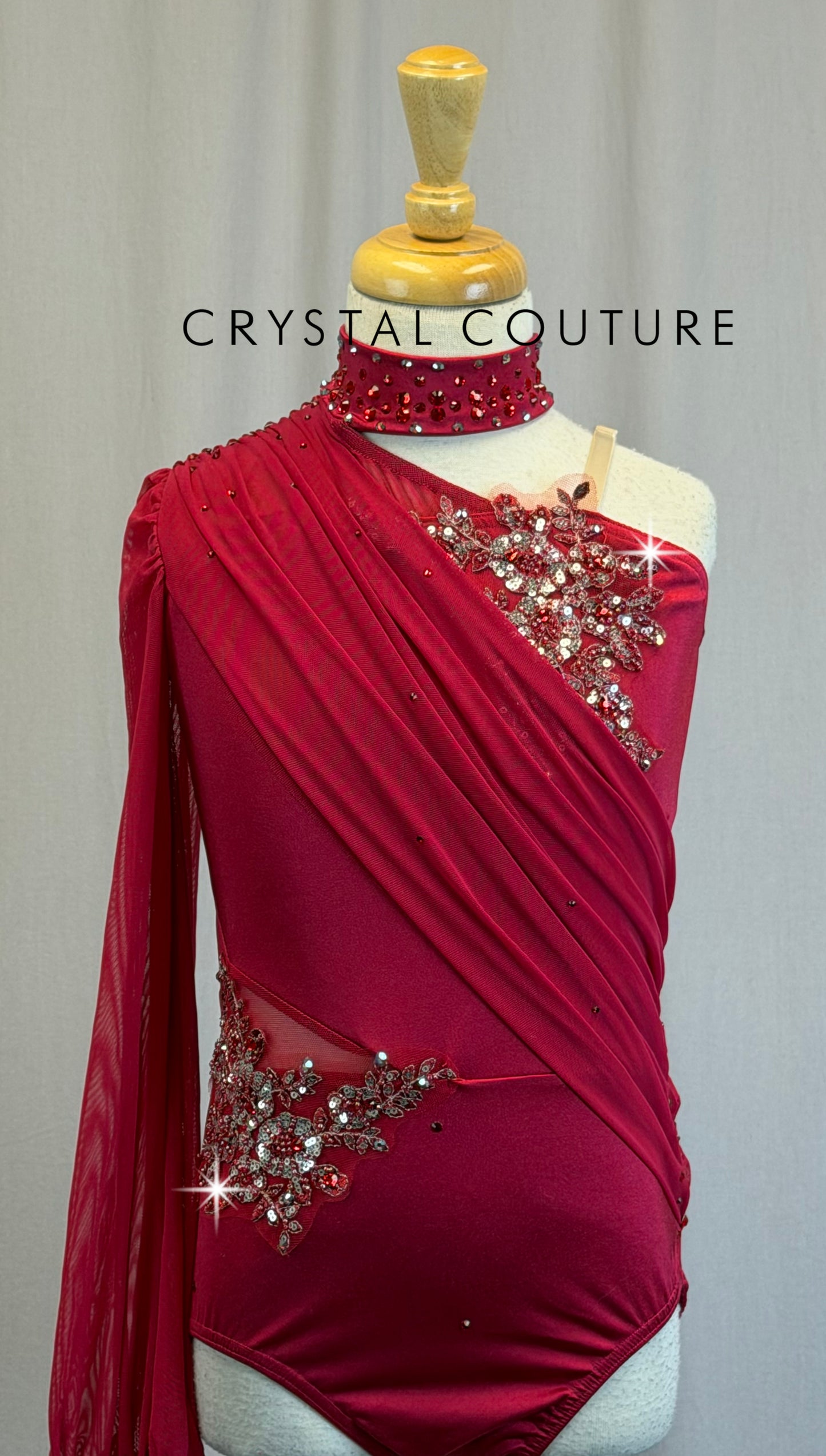 *Brand New* Red Asymmetrical Mesh Sleeve Leotard with Appliques - Rhinestones