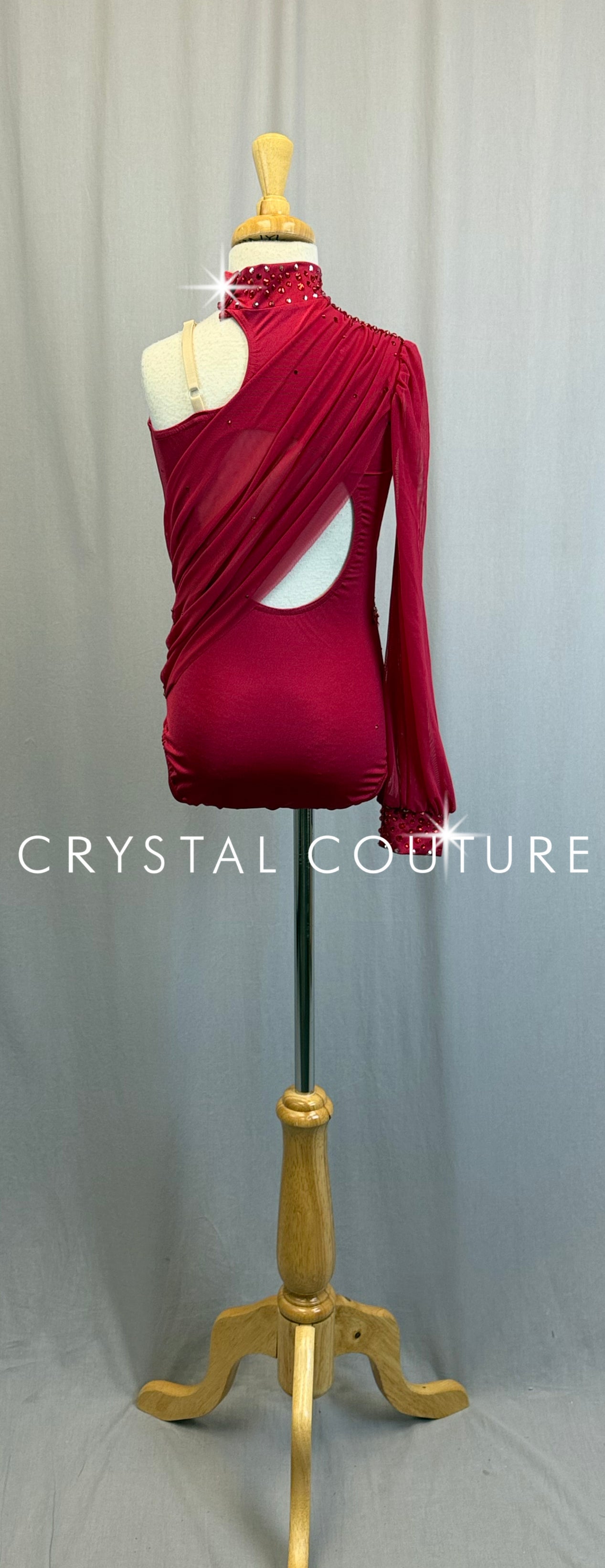 *Brand New* Red Asymmetrical Mesh Sleeve Leotard with Appliques - Rhinestones