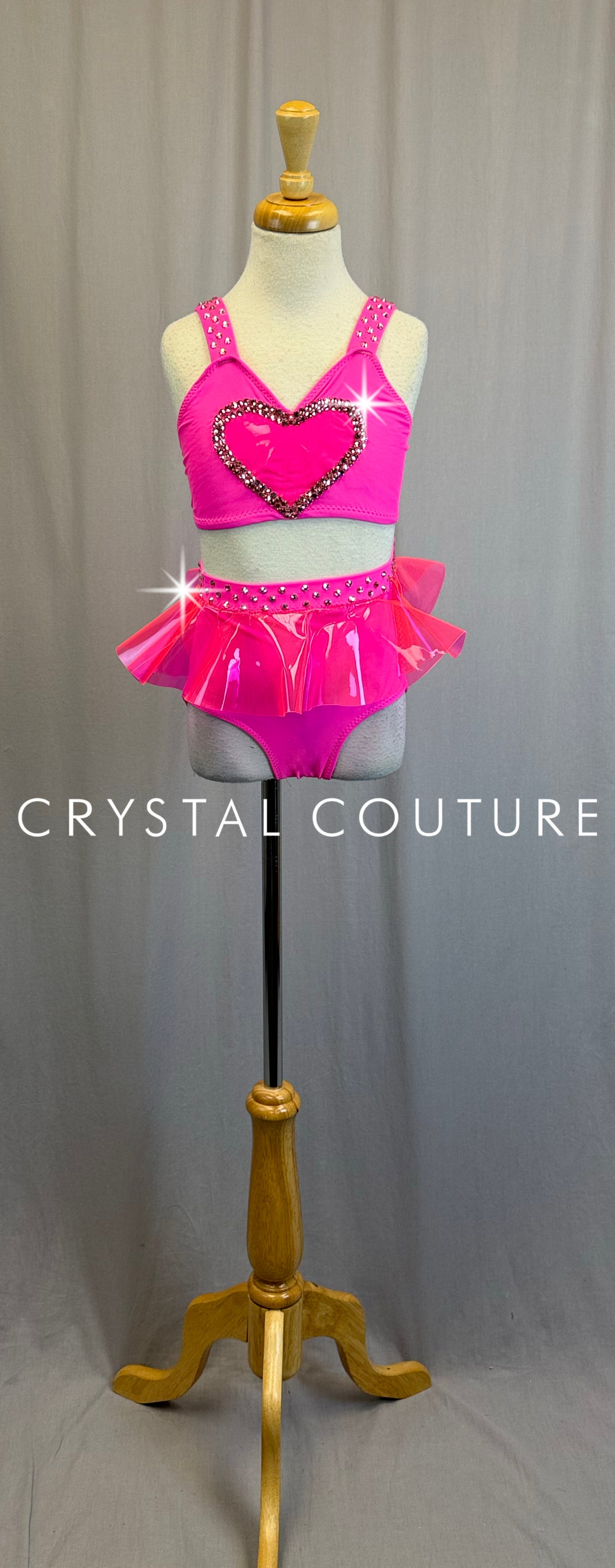 *Custom* Neon Pink Heart Strappy Leotard with a Pink Vinyl Skirt -Rhinestones