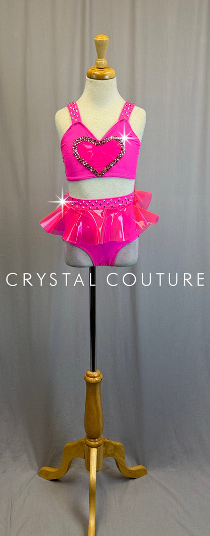 *Custom* Neon Pink Heart Strappy Leotard with a Pink Vinyl Skirt -Rhinestones