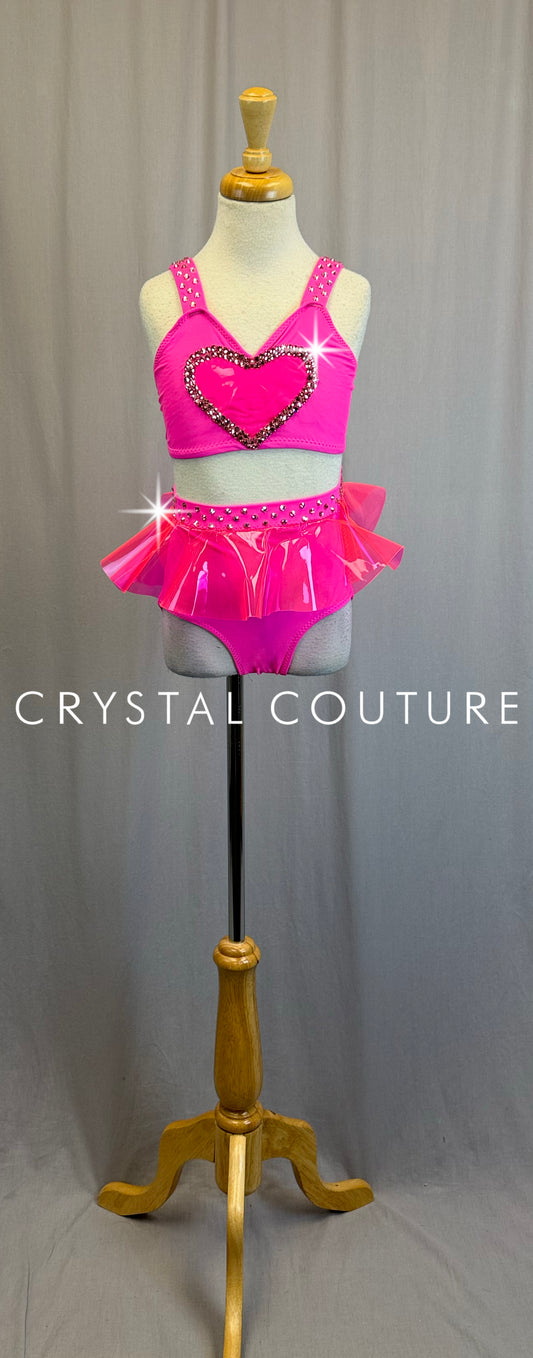 *Custom* Neon Pink Heart Strappy Leotard with a Pink Vinyl Skirt -Rhinestones
