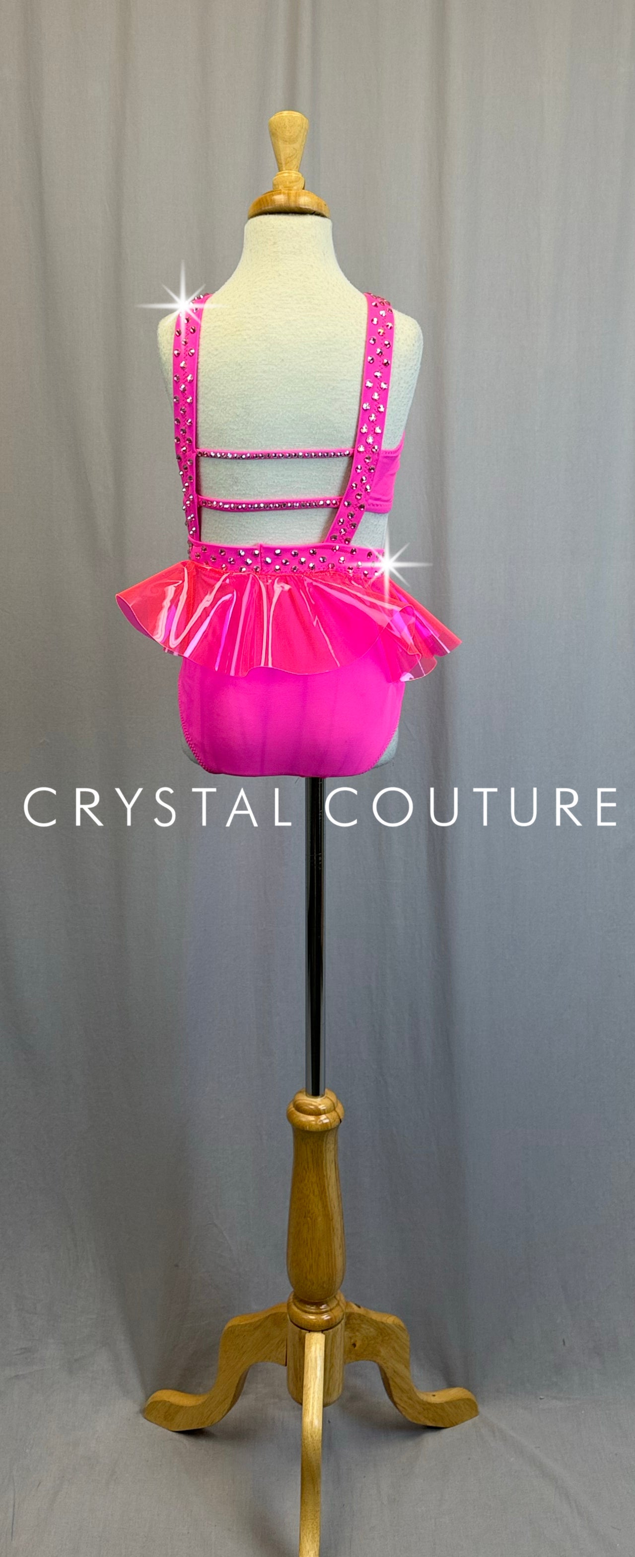 *Custom* Neon Pink Heart Strappy Leotard with a Pink Vinyl Skirt -Rhinestones