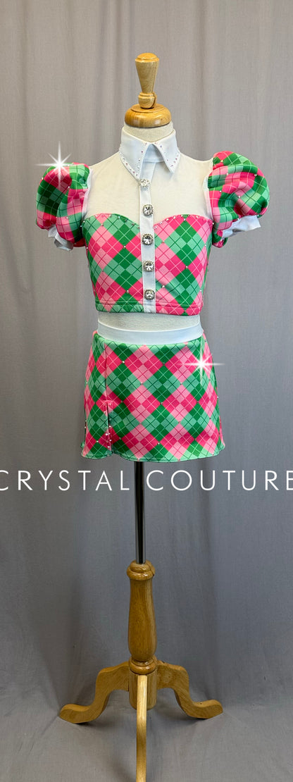 Pink,White, and Green Plaid Short Sleeve and Skirt Two-Piece Set - Rhinestones