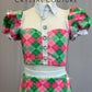 Pink,White, and Green Plaid Short Sleeve and Skirt Two-Piece Set - Rhinestones