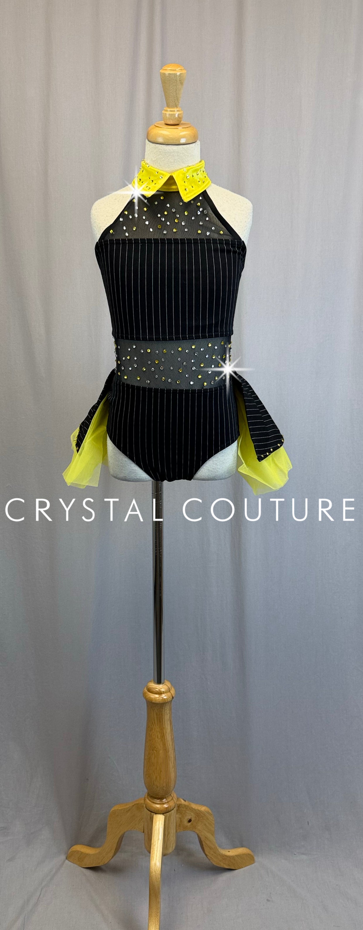 Black Pin-Stripe and Yellow Accent Leotard - Rhinestones -Accessories