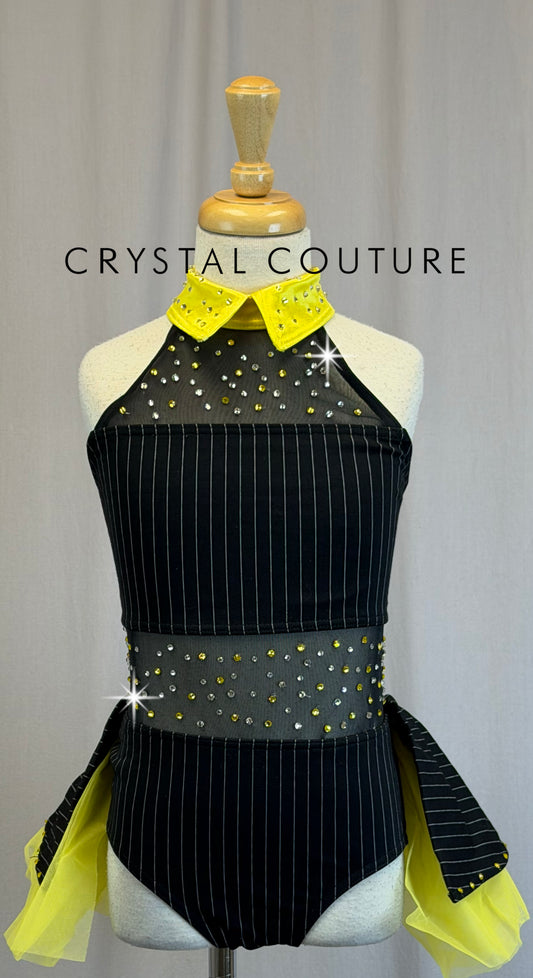 Black Pin-Stripe and Yellow Accent Leotard - Rhinestones -Accessories