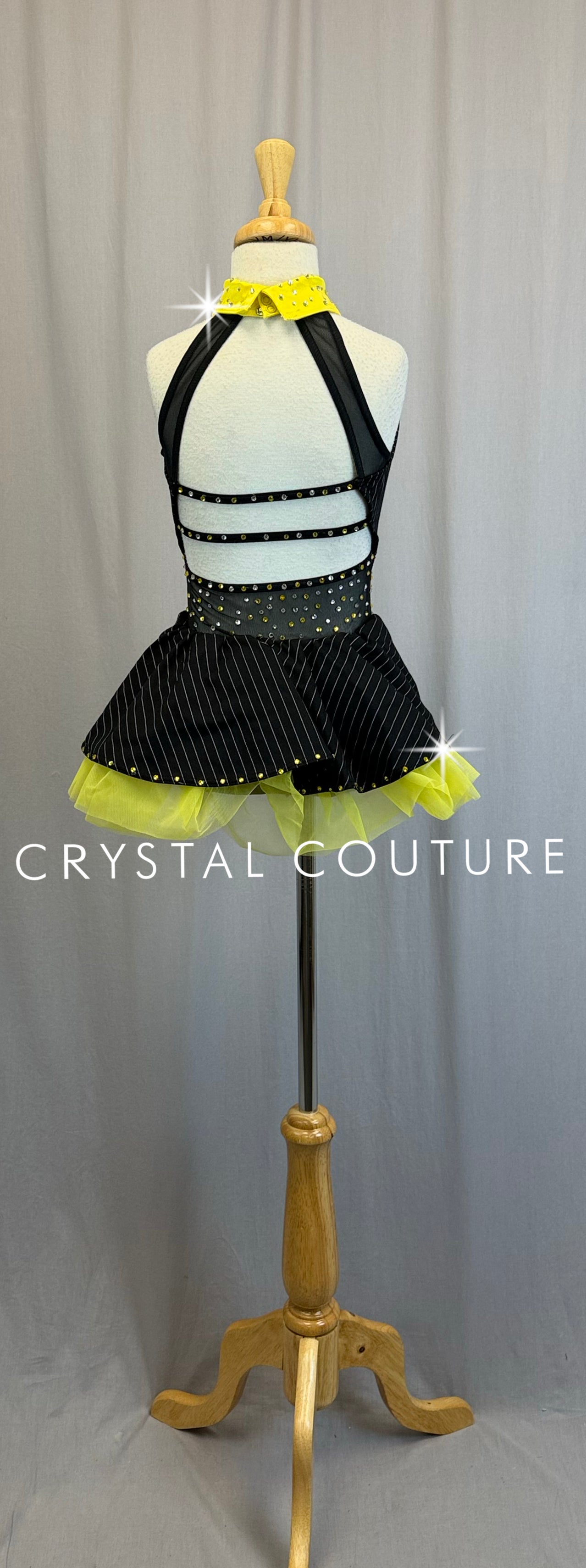 Black Pin-Stripe and Yellow Accent Leotard - Rhinestones -Accessories