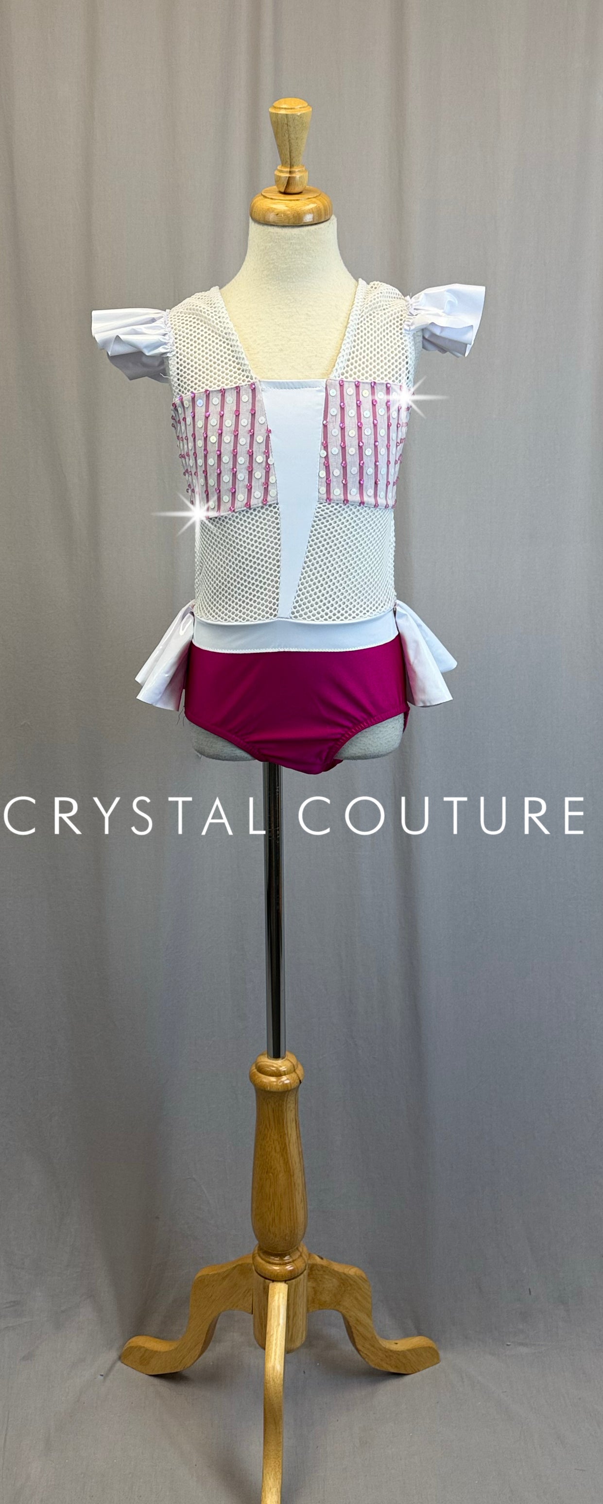White and Pink Fishnet Cap Sleeve Leotard - Rhinestones