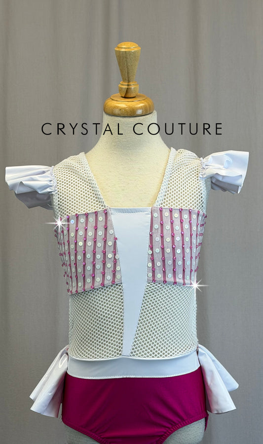 White and Pink Fishnet Cap Sleeve Leotard - Rhinestones
